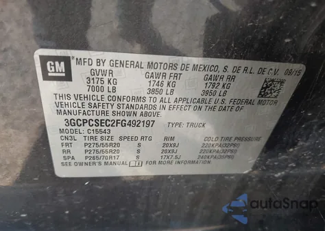 2015 Chevrolet Silverado 1500 1Lz z USA, uszkodzony, nr VIN 3GCPCSEC2FG492197